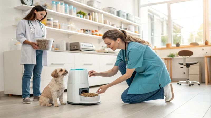 Vétérinaire montrant un distributeur automatique d'aliments pour animaux à un propriétaire d'un petit chien