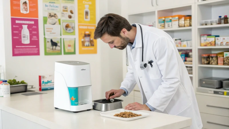Vétérinaire examinant un distributeur automatique d'aliments pour animaux dans une clinique