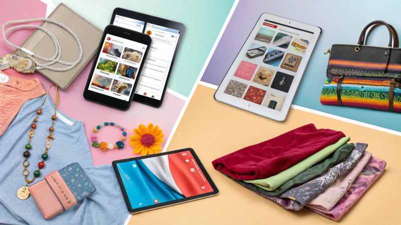 Un collage di vari prodotti provenienti da mercati online, tra cui elettronica, tessuti e accessori.