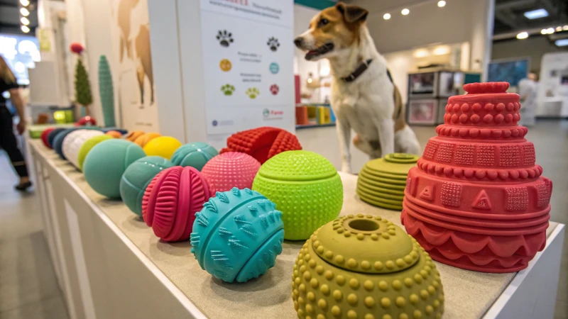 Un'esposizione di giocattoli colorati per cani realizzati con materiali ecologici con un cane curioso sullo sfondo.
