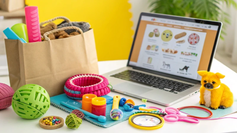 A colorful collage of pet products including toys, grooming tools, and organic food bags with a laptop displaying an e-commerce site in the background.