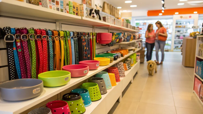 Interno di un vivace negozio di animali, pieno di prodotti colorati per animali.