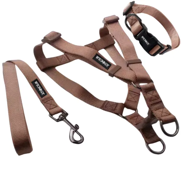 Set di pettorina, guinzaglio e collare per cani di colore marrone.