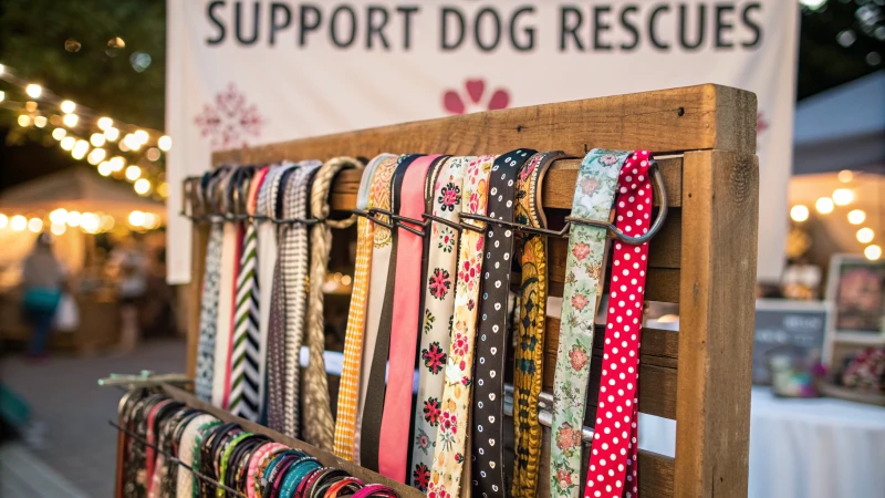 Guinzagli colorati per cani su un espositore in legno