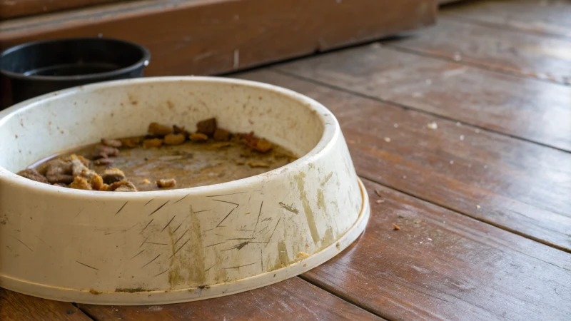 Gros plan sur une gamelle en plastique usée posée sur un plancher en bois.
