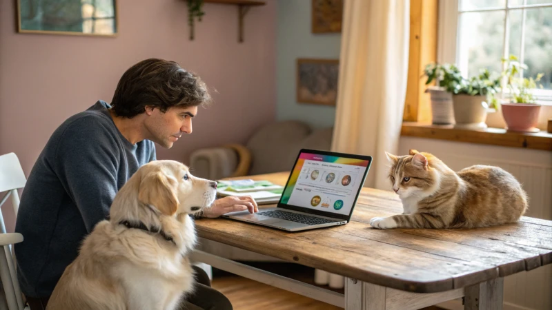 Un propriétaire d'animal de compagnie inquiet, assis à une table en bois avec un ordinateur portable, un golden retriever regardant l'écran et un chat tabby duveteux à proximité.