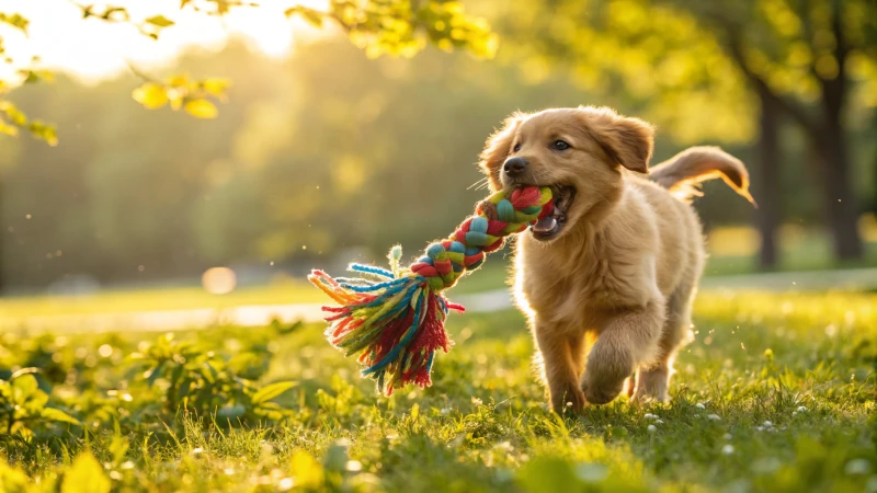 晴れた公園でカラフルなおもちゃで遊ぶ若い犬。