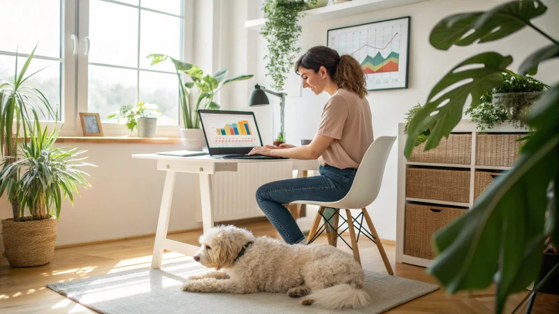 Young woman analyzing market trends at a stylish home office desk with a dog beside her