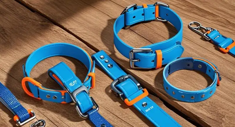 Blaue und orangefarbene Hundehalsbänder auf Holzoberfläche.