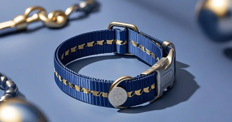 Ausgestelltes blau-goldenes Halsband für Haustiere