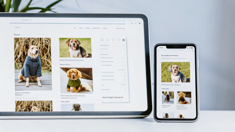 Sitio web responsivo de fotos de mascotas en tabletas y teléfonos.