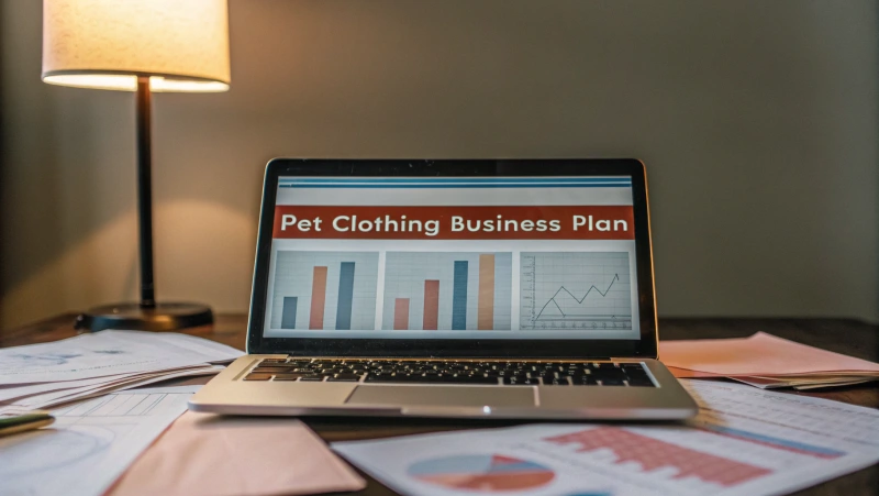 Pantalla de ordenador portátil mostrando el plan de negocio de ropa para mascotas