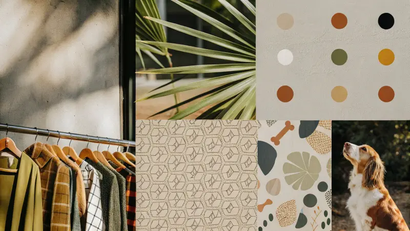 Collage de trajes, estampados, perro y vegetación.