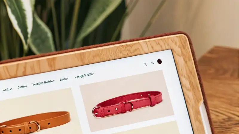 Online-Shop, der Hundehalsbänder auf dem Tablet anzeigt.