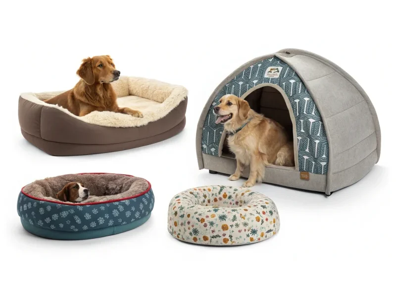 Várias camas para cães com cachorros a dormir confortavelmente.