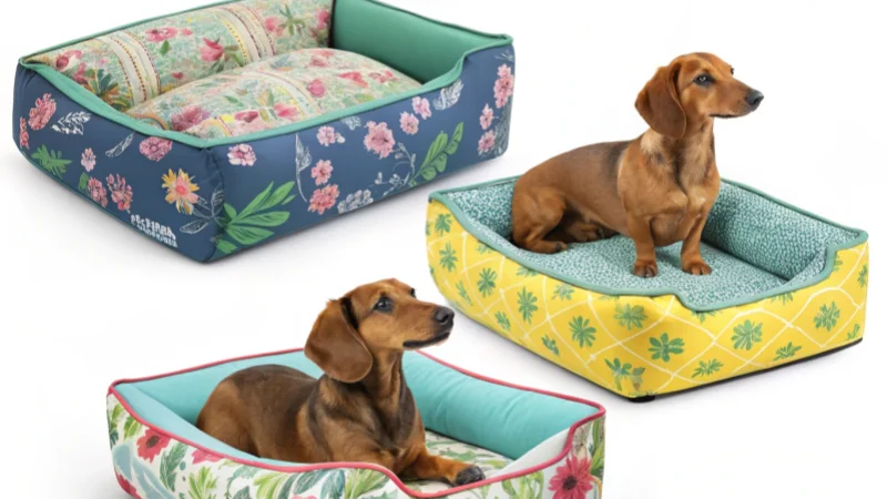 Teckels em camas florais para animais de estimação.