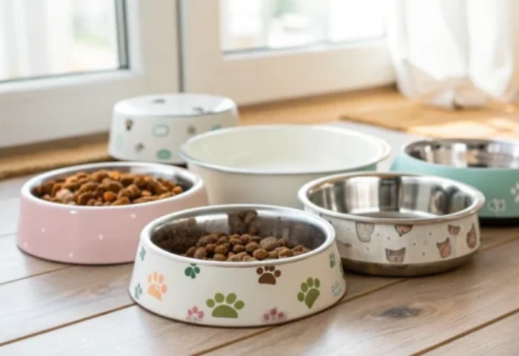 나무 바닥에 다채로운 색상의 애완동물 사료 그릇.