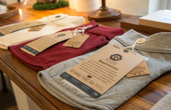 Ropa de Woolshedlakea expuesta en una mesa de madera con etiquetas.