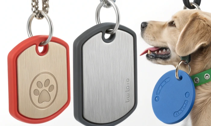 Plaques d'identification pour chiens avec différents motifs et couleurs.