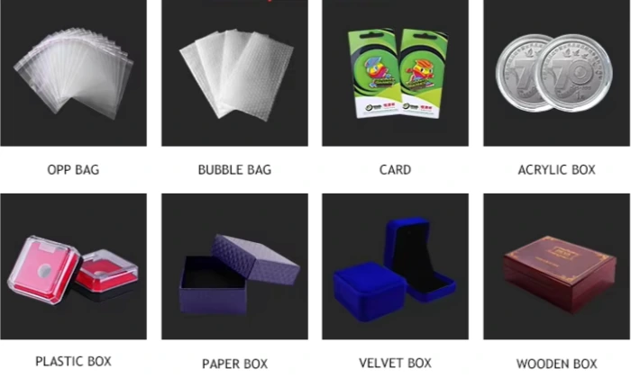 Différents types d'emballages : sacs, boîtes, cartes.