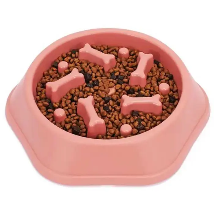 키블과 뼈 모양이 있는 핑크색 강아지 그릇