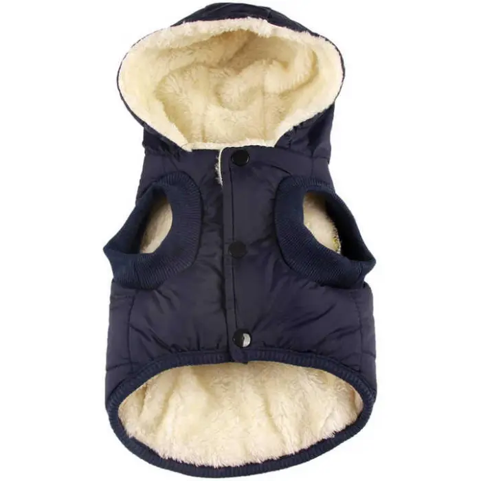 Sudadera para perro de color azul marino con suave forro beige.