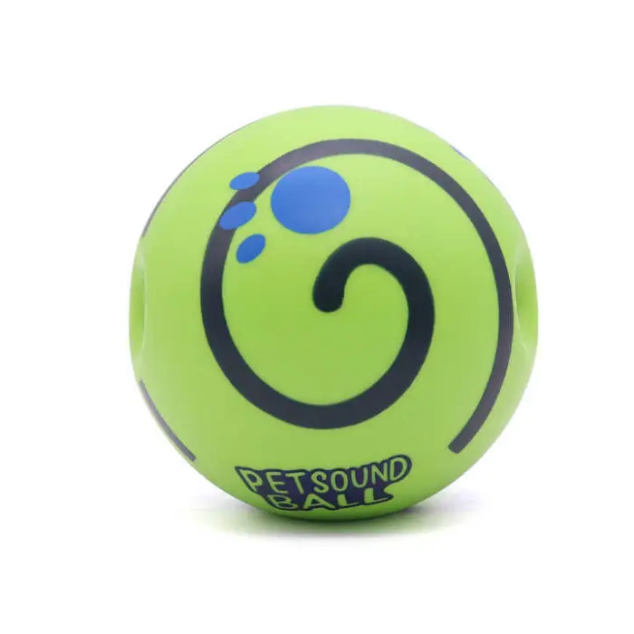 Grüner Klangball für Haustiere mit blauem Wirbeldesign.