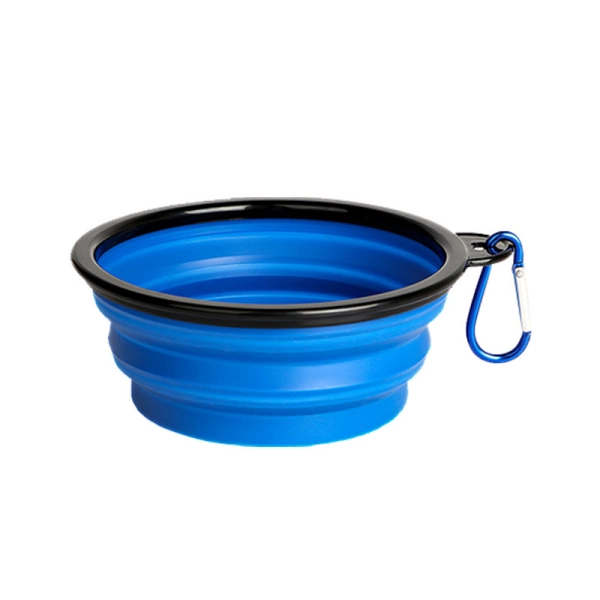 Collapsible blue pet bowl with carabiner clip