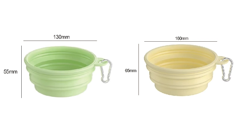Two collapsible bowls with dimensions and carabiners.