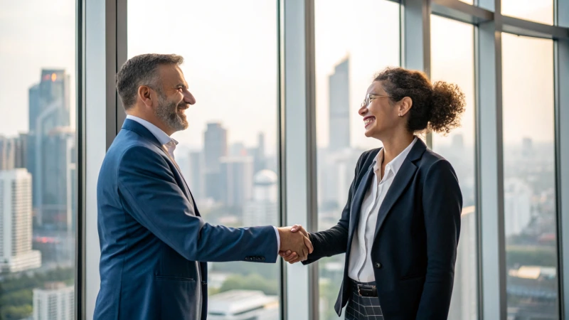 Business professionals shaking hands in office.
