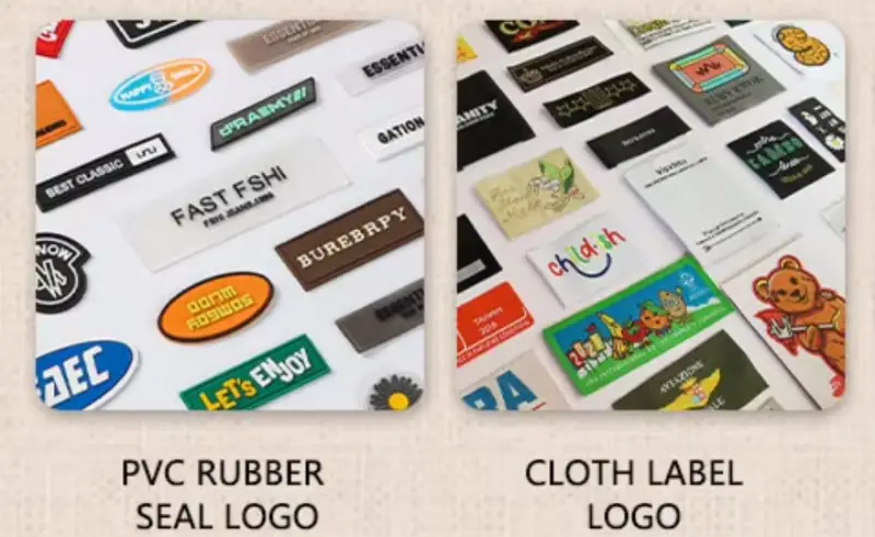 PVC rubber and cloth label logos displayed.