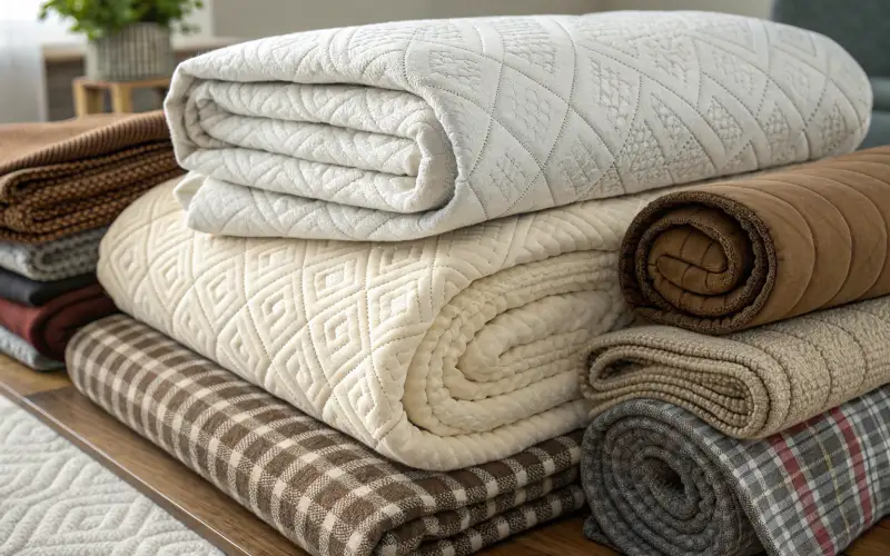 Ein Stapel gefalteter, gemusterter Decken liegt auf dem Tisch.