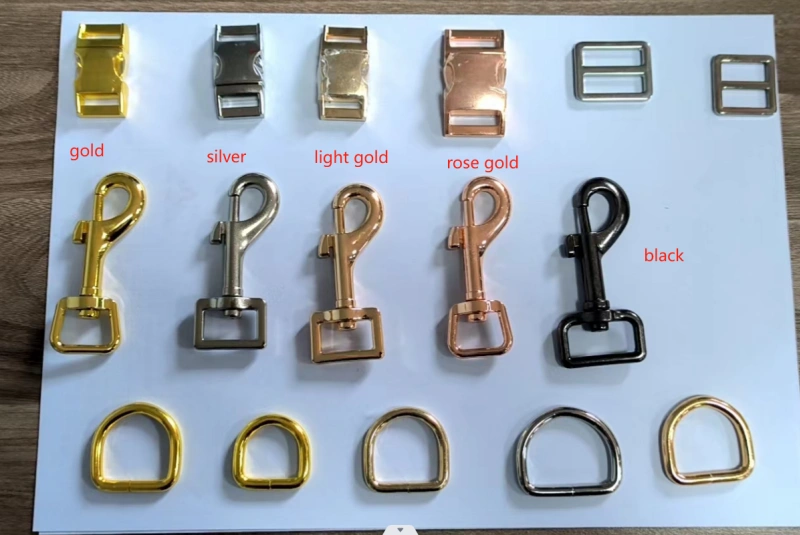 Various metal buckles and hooks in different colors.