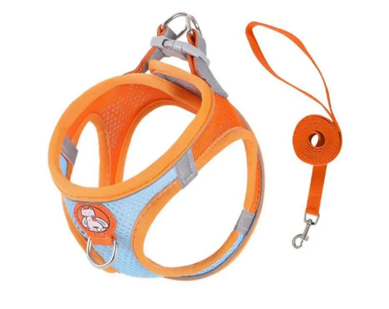 Orange adjustable pet harness with leash