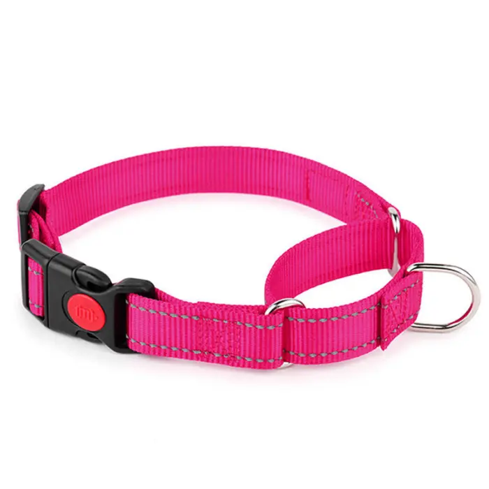 Bright pink dog collar with black buckle clasp.
