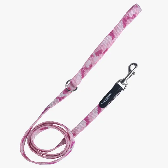 Pink camouflage dog leash with metal clip.