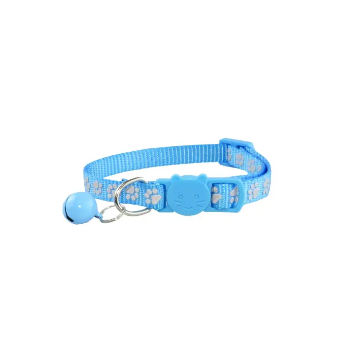 Blue cat collar with bell and paw prints.