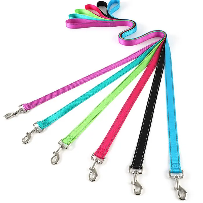 Colorful dog leashes on white background