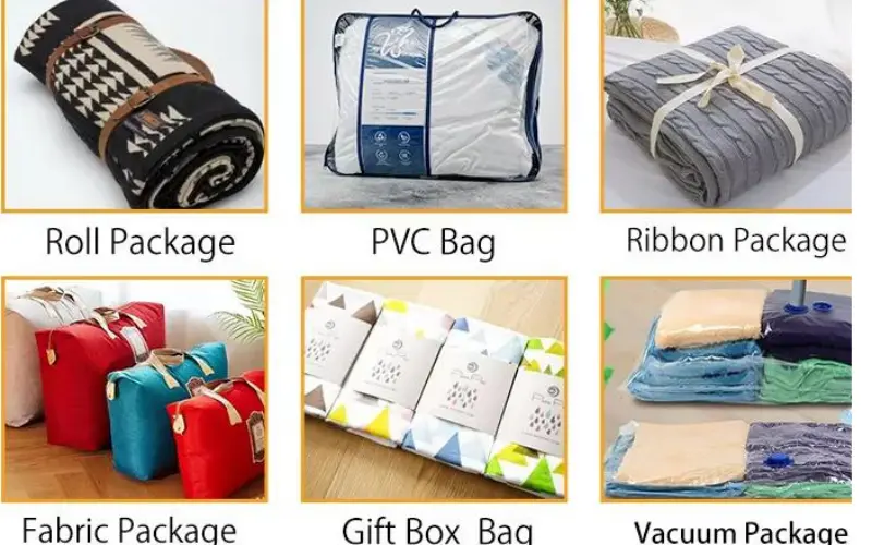 Verschiedene Verpackungsarten für Decken: Rolle, Beutel, Schachtel.