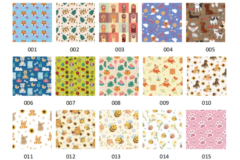 Fifteen playful dog-themed cartoon pattern designs.