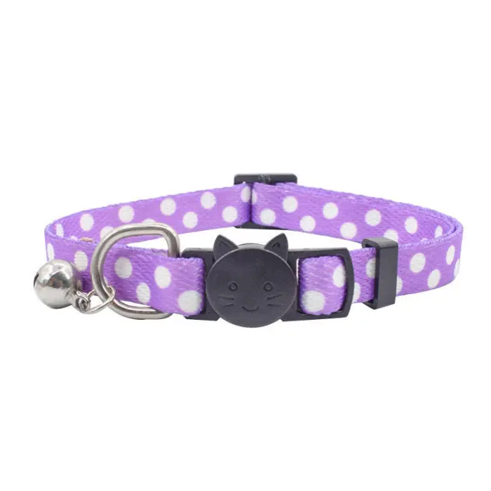Purple polka dot cat collar with bell and clasp.