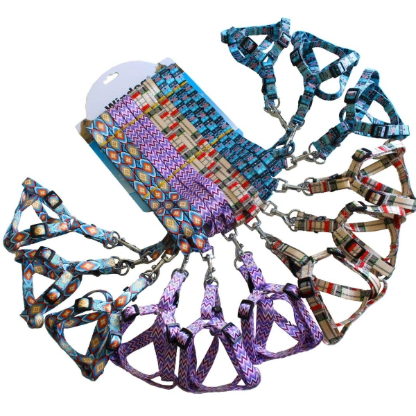 Colorful patterned pet harnesses displayed in a circle.