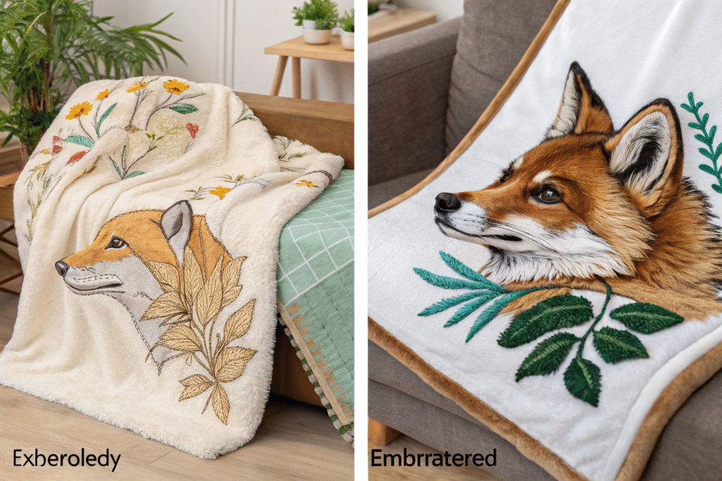 Fuchs- und Blätterdesign auf kuscheligen Decken.