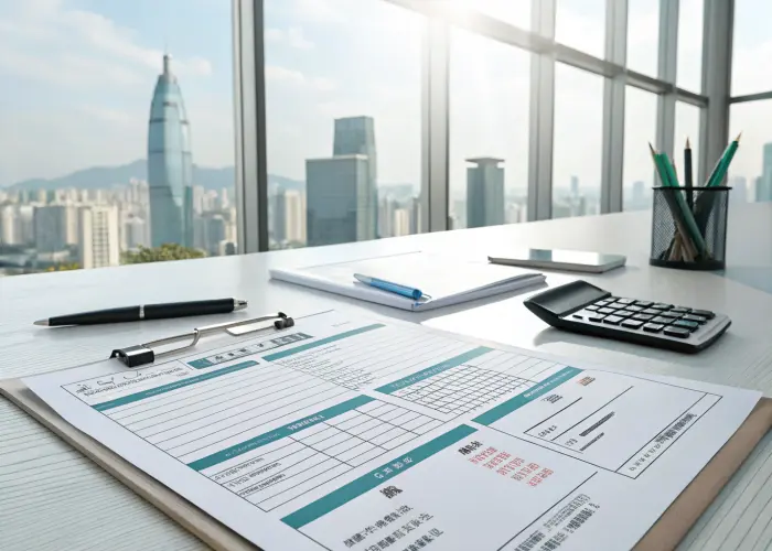 Bürotisch mit Finanzunterlagen und Taschenrechner.