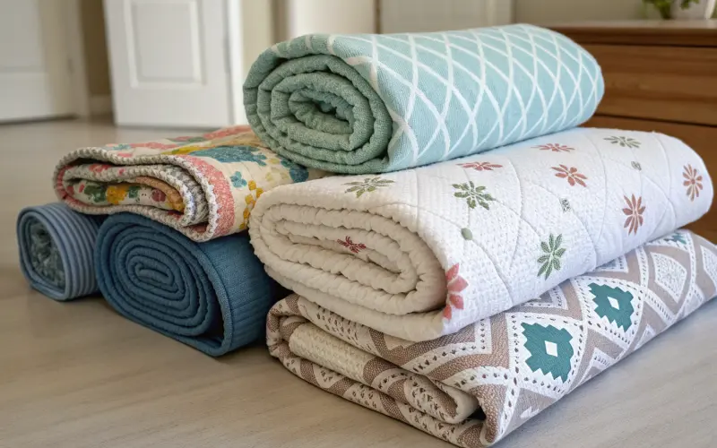 Verschiedene gerollte Decken in bunten Mustern auf dem Boden.