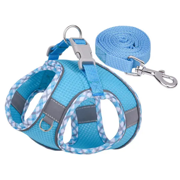 Blue dog harness and leash set on display.